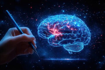 Human Hand Drawing Brain Outline with Neuro Linguistic Programming NLP Text Minimalist Dark Blue Background Spotlight