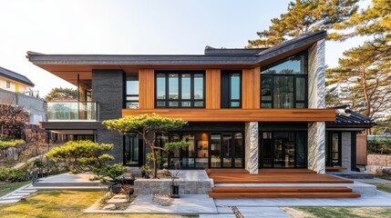 Fototapeta premium Modern contemporary house displaying wood marble and traditional korean architecture