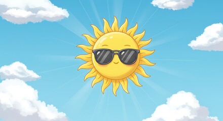 Cartoon Sun Wearing Sunglasses Shining in a Sky with Clouds