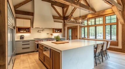 Beautiful bright open concept kitchen with exposed wooden beams