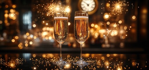 New Year Celebration with Champagne Glasses Toasting at Midnight with Fireworks and Golden Sparkling Background