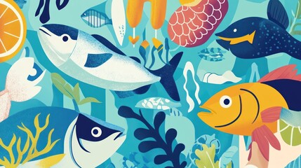 Fototapeta premium Vibrant illustration of diverse fish species and aquatic plants in an underwater scene.