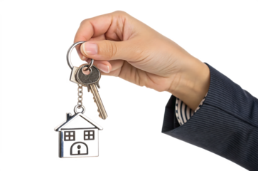 hand holding house keys with keychain isolated on white background PNG