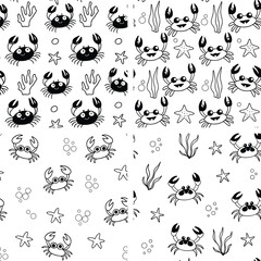 Seamless Hand-Drawn Crab & Sea Life Pattern – Cute Black & White Ocean Doodle Design