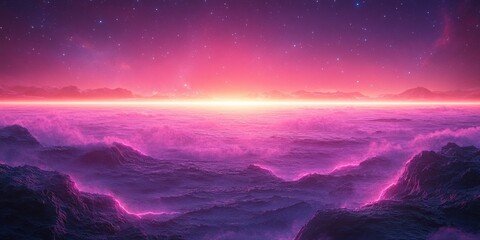 Futuristic Minimalist Alien Desert Landscape with Neon Purple Horizon and Starry Night Sky Panorama