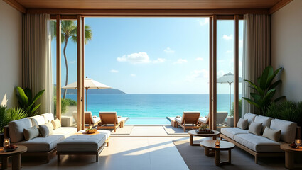 Lavish Seaside Resort Ambiance: Upscale Coastal Retreat with Expansive Views & Impeccable Hospitality for Elite Travelers - Photo Stock Concept