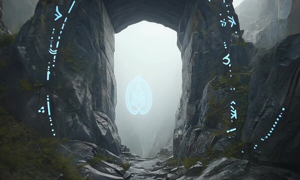 Epic adventure video showcasing a fog-covered mountain tunnel etched by wind and wrapped in ancient glowing energy signs