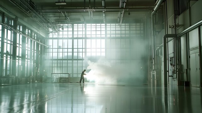 A skilled welder fusing metal pipes together in a large industrial factory setting