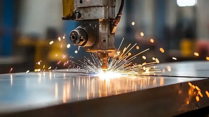 Fototapeta premium A skilled welder carefully fabricating a heavy steel frame with the reflection of bright sparks visible on a nearby metal sheet
