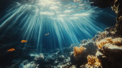 Obraz premium Underwater Paradise: Sunbeams Illuminating Coral Reef