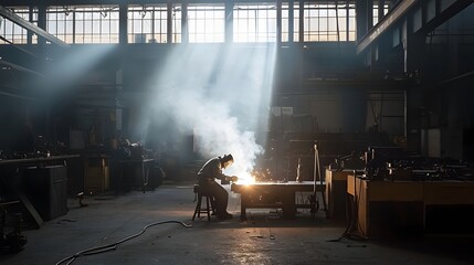Welder Illuminated by Single Beam of Light Focusing on Their Metalworking Craft Inside a Dark Industrial Workshop Environment