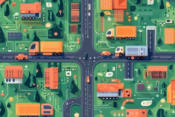 Aerial view of city with trucks, cars, buildings, and roads.