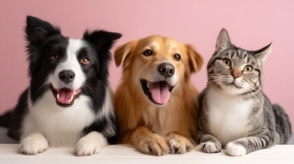 Three animals, a dog, a dog, and a cat, posed together