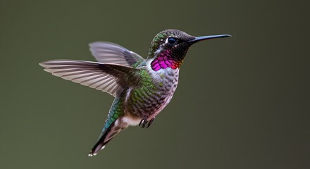 Naklejka premium Majestic hummingbird displaying iridescent gorget feathers during mid flight