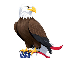 Obraz premium Patriotic Eagle Illustration, A Bold Symbol of Freedom Perched on American Flag, Perfect for Patriotic Celebrations and National Holiday Illustrations