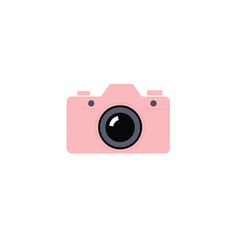 A minimalist camera logo light pink body, solid black lens, geometric shapes, clean lines, centered on a white background. Focus on balance and symmetry