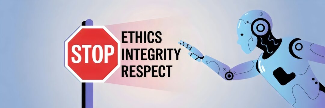 Minimalist digital illustration of an AI robot icon reaching toward a stop sign made of ethical keywords &ndash; Suitable for ethics in AI, tech responsibility, or digital policy content.