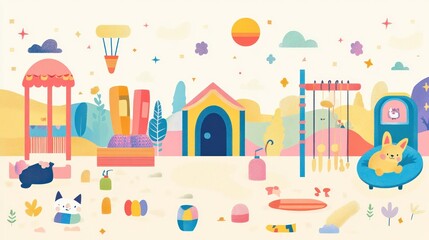 Colorful illustration of a whimsical playground with animals and play equipment.