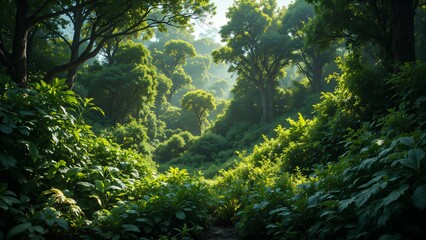 Obraz premium Lush Green Forest Landscape Surrounded by Dense Foliage and Trees