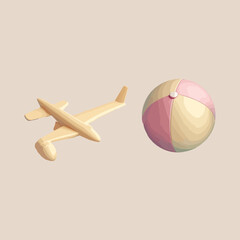 A Child's Playful Vector  a Wooden Toy Airplane and a Colorful Beach Ball on a Neutral Background