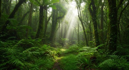Fototapeta premium Lush Green Forest with Sun Rays Shining Through Trees
