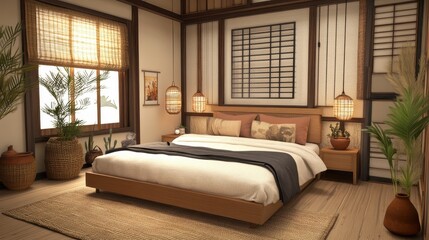 Bright and elegant bedroom decorated in japanese inspired style