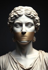 A Greek statue with mouth covered by tape symbolizes suppressed freedom and expression