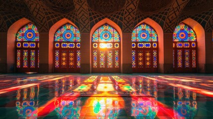Colorful stained glass windows reflecting in a mosque.