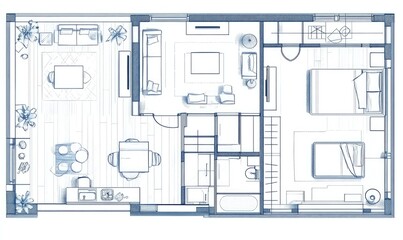 Modern apartment floor plan.  Detailed layout of a stylish two-bedroom apartment