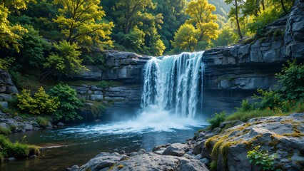 Obraz premium Serene Waterfall Cascading Through Lush Green Forest Landscape