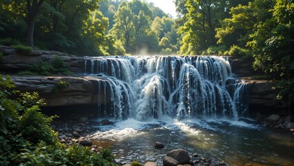 Obraz premium Serene Waterfall Cascading Through Lush Green Trees at Sunrise