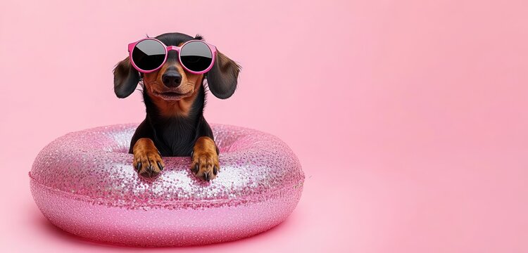 Cute dachshund dog with round sunglasses sitting inside pink glittery inflatable ring on pastel pink background summer vacation studio shot