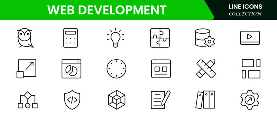 Application development line icons. Vector illustration included icons as mobile software, app UX prototyping, and data analytics pictogram for web startup launch. Green Color,