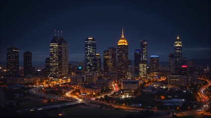 Naklejka premium Nighttime Cityscape with Illuminated Skyscrapers and Traffic Lights