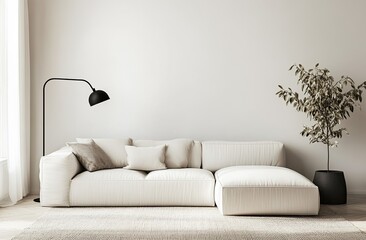 A minimalist living room with a white sectional sofa, a floor lamp, a potted plant, and a rug