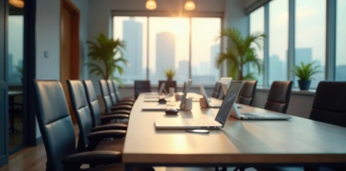 Fototapeta premium Blurred office, chairs, table, soft focus, workday ambiance, meeting, blur, blurred background