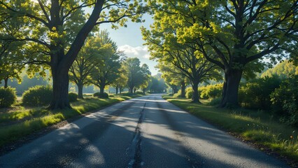 Fototapeta premium Scenic Tree-Lined Road in a Serene Natural Landscape During Daylight