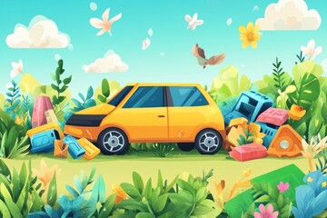 Abandoned yellow car surrounded by plastic waste in a lush green environment.