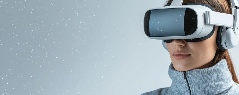 women, stem, careers, innovation, education concept. Woman using virtual reality headset in a futuristic setting.