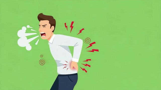 Cartoon-style man experiencing back pain and discomfort from injury, tension, or overwork