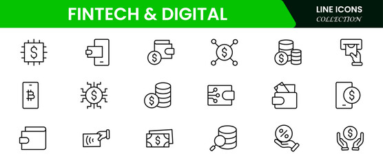 Fintech & Digital Icons vector illustrations with thin lines contain digital banking, mobile payments, cloud tech, robotics, digital wallet, SAAS, app, neo bank, crowdfunding, and financia innovation.