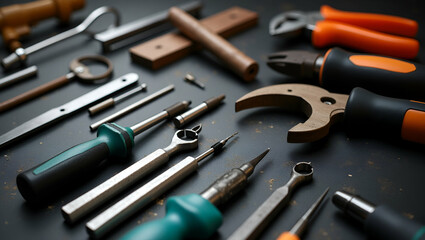 Fototapeta premium Comprehensive hand tools array highlighting precision?engineered implements ideal for detailed assembly tasks and artistic crafting in a professional workspace setting in Photo Stock Concept and em