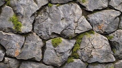 Textured stone wall with moss, showcasing natural patterns and colors