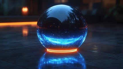Luminous Sphere: A Futuristic Glass Orb Glowing with Neon Blue and Orange Lights