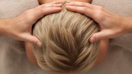 Fototapeta premium Spa head massage, hands, blonde hair, relaxation, beige towel