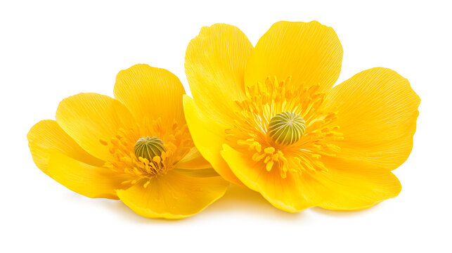 Two yellow flowers with a green center. The flowers are in the center of the image and are surrounded by a white background - Powered by Adobe
