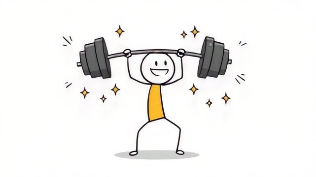 Flat cartoon stick figure confidently lifting heavy barbell showing strength, success, and motivation