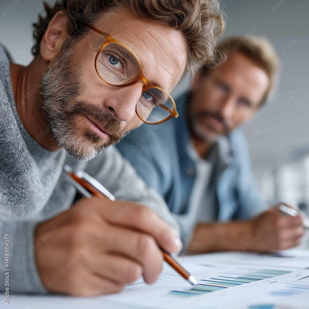 Poster focused partners diligently review e-commerce performance data together, examining trends and insigh
