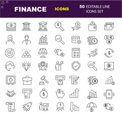 Finance outline icons with editable stroke collection. Includes Money, Bank, Savings, Global Business, Tax, and More.