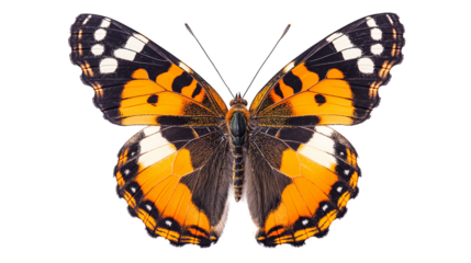 A butterfly with orange wings and black spots